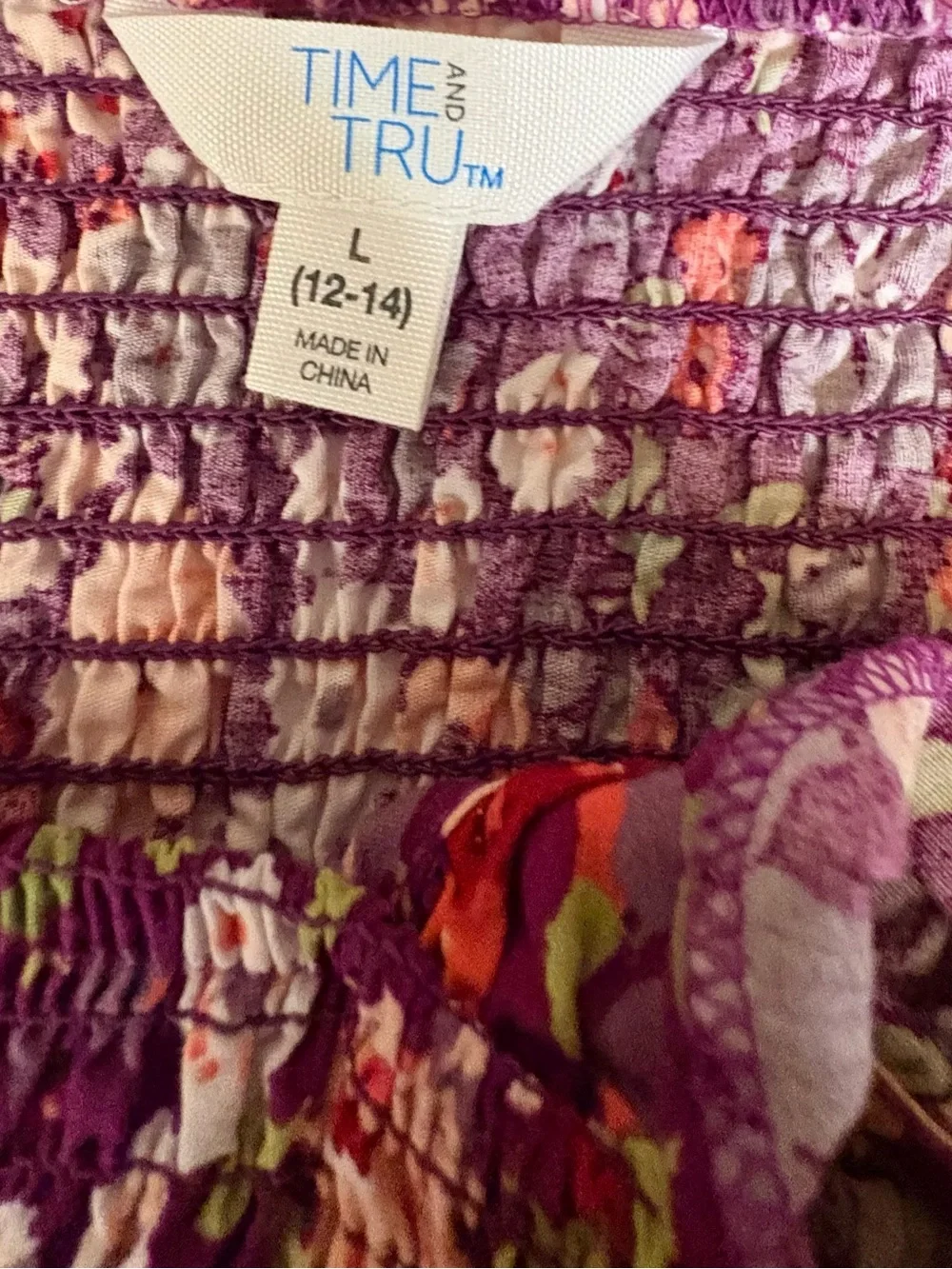 Time and Tru Purple Floral Smocked Casual Dress with Pink Accents